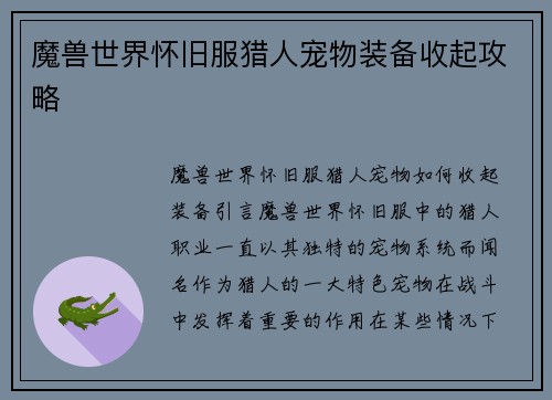 魔兽世界怀旧服猎人宠物装备收起攻略